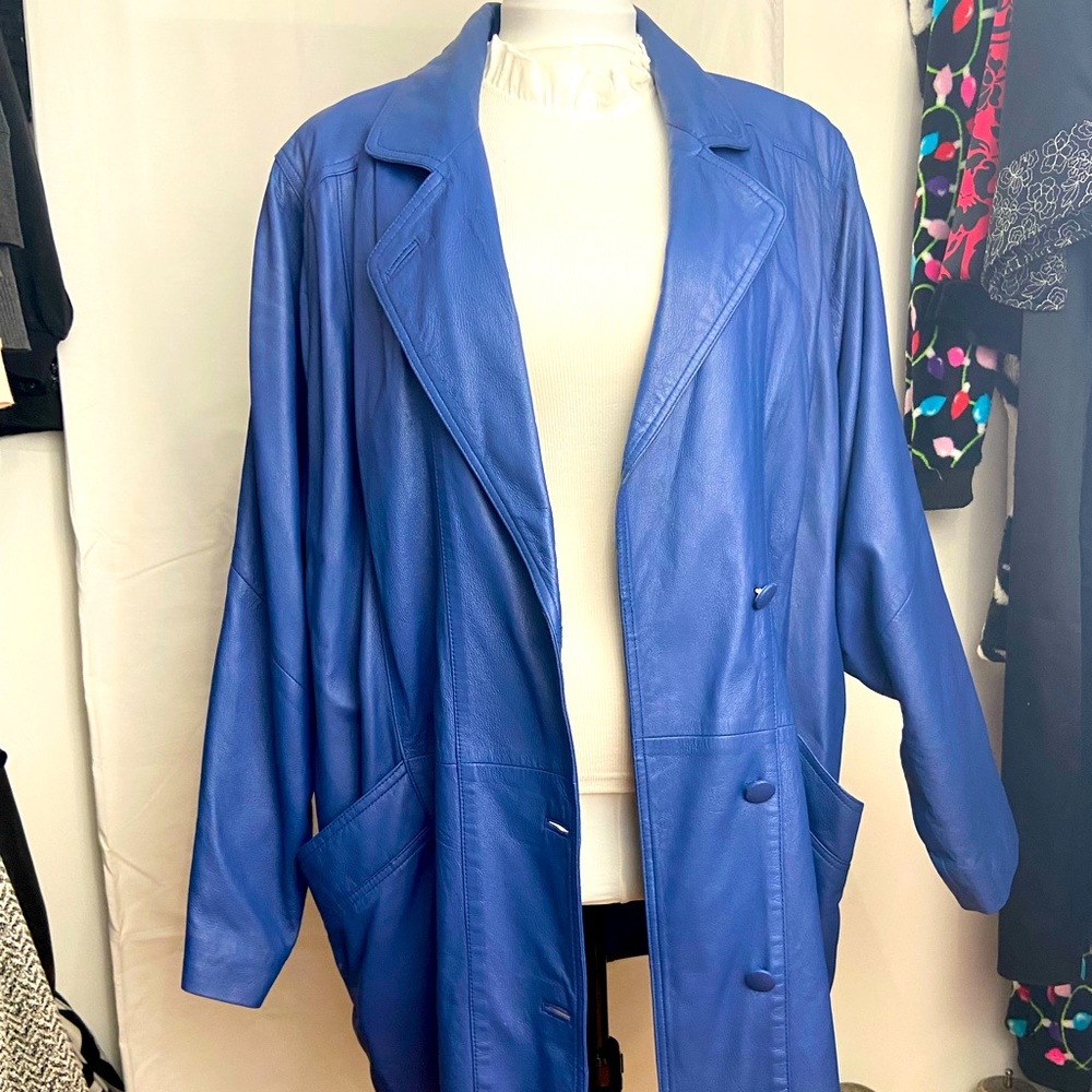 80s Vintage Royal Blue Leather Jacket, Long with Covered Buttons